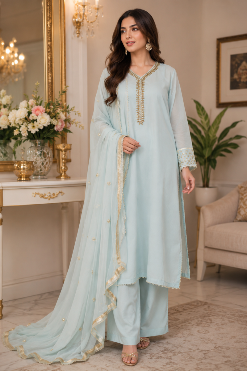 Serene Ice Blue Embroidered Ensemble