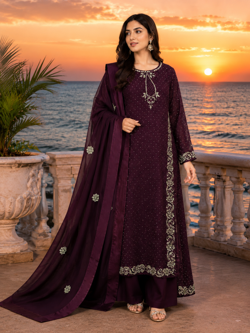Deep Wine Embroidered Regal Attire