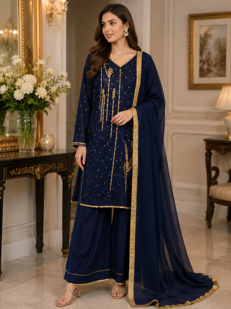 Elegant 3-Piece Navy Blue Dress