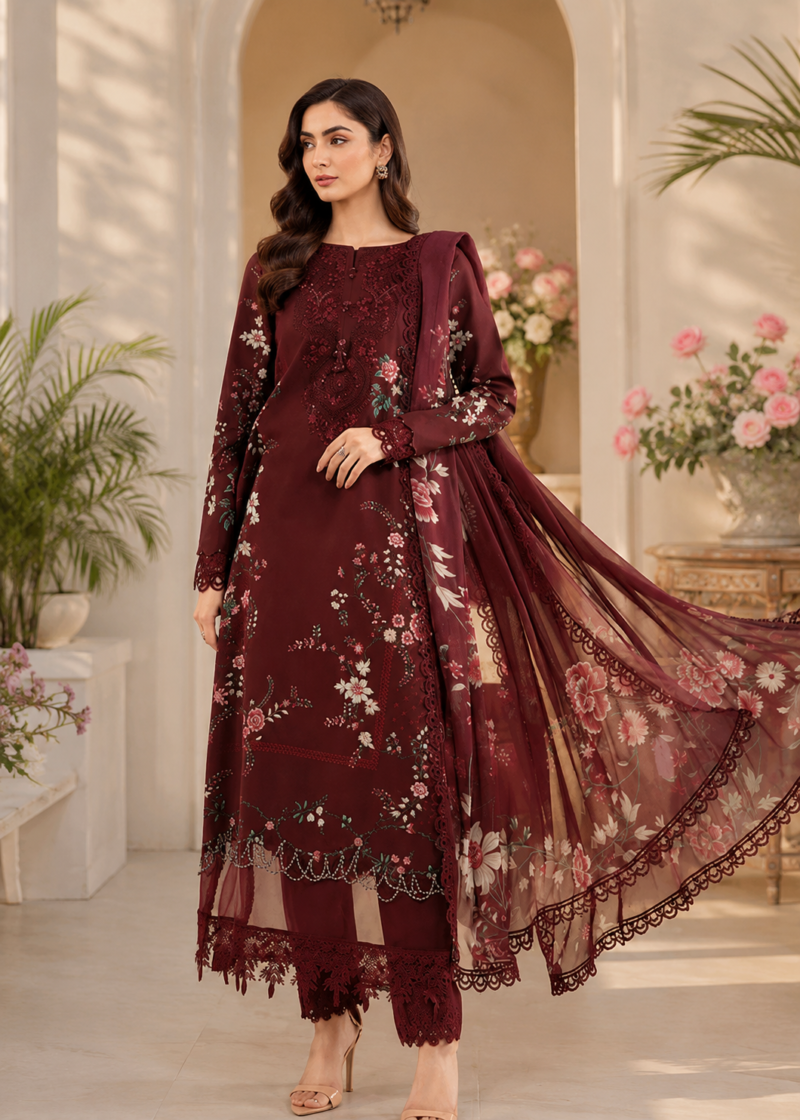 Plum Chiffon Luxury Embroidered 3-Piece Suit