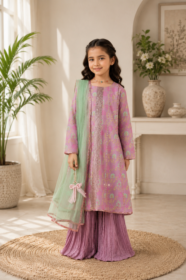 Girls Elegant Pink Embroidered Kurta and Trousers Set with Dupatta