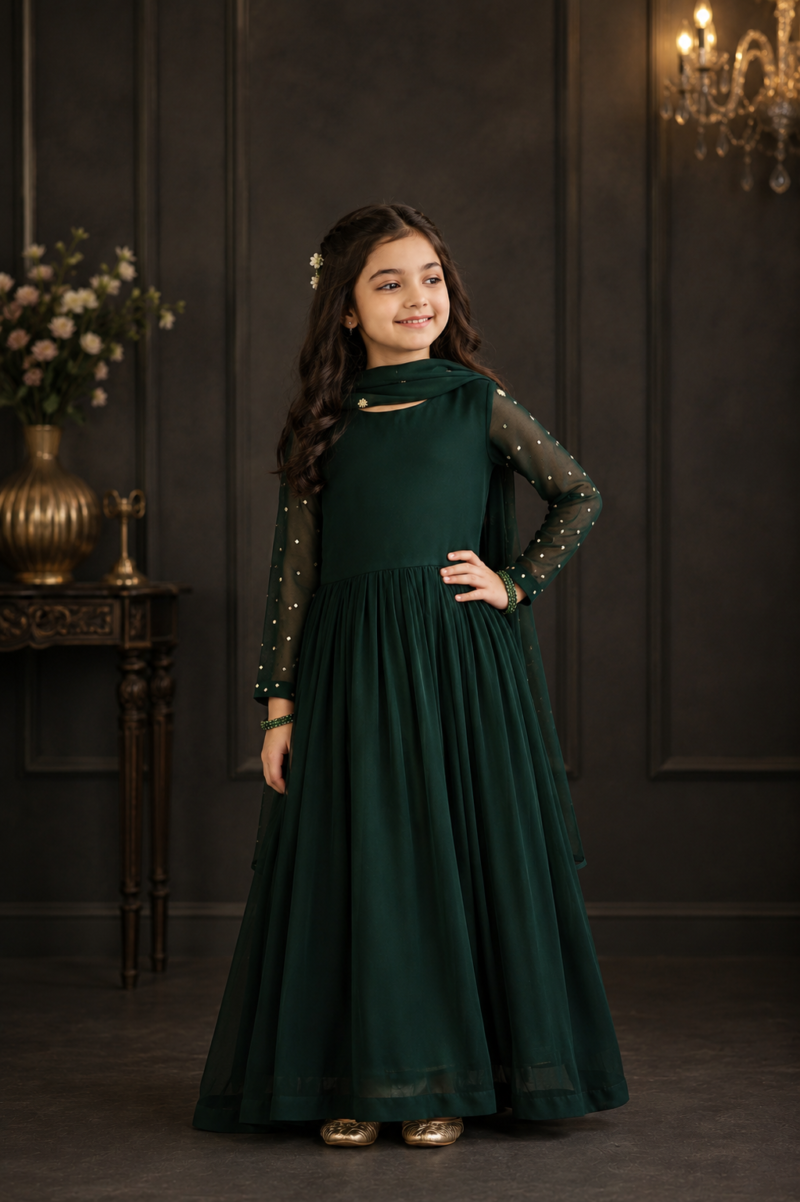 ChatGPT Image Jul 30, 2026, 08_58_23 AM Girls Elegant Bottle Green Net Maxi Dress with Dupatta