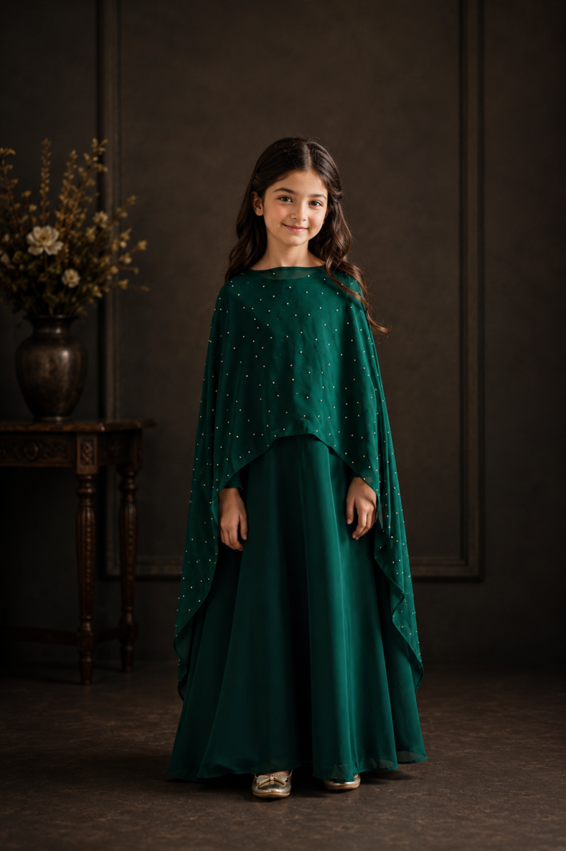 ChatGPT Image Jul 30, 2026, 08_59_40 AM Girls Elegant Emerald Green Georgette Cape Style Festive Dress