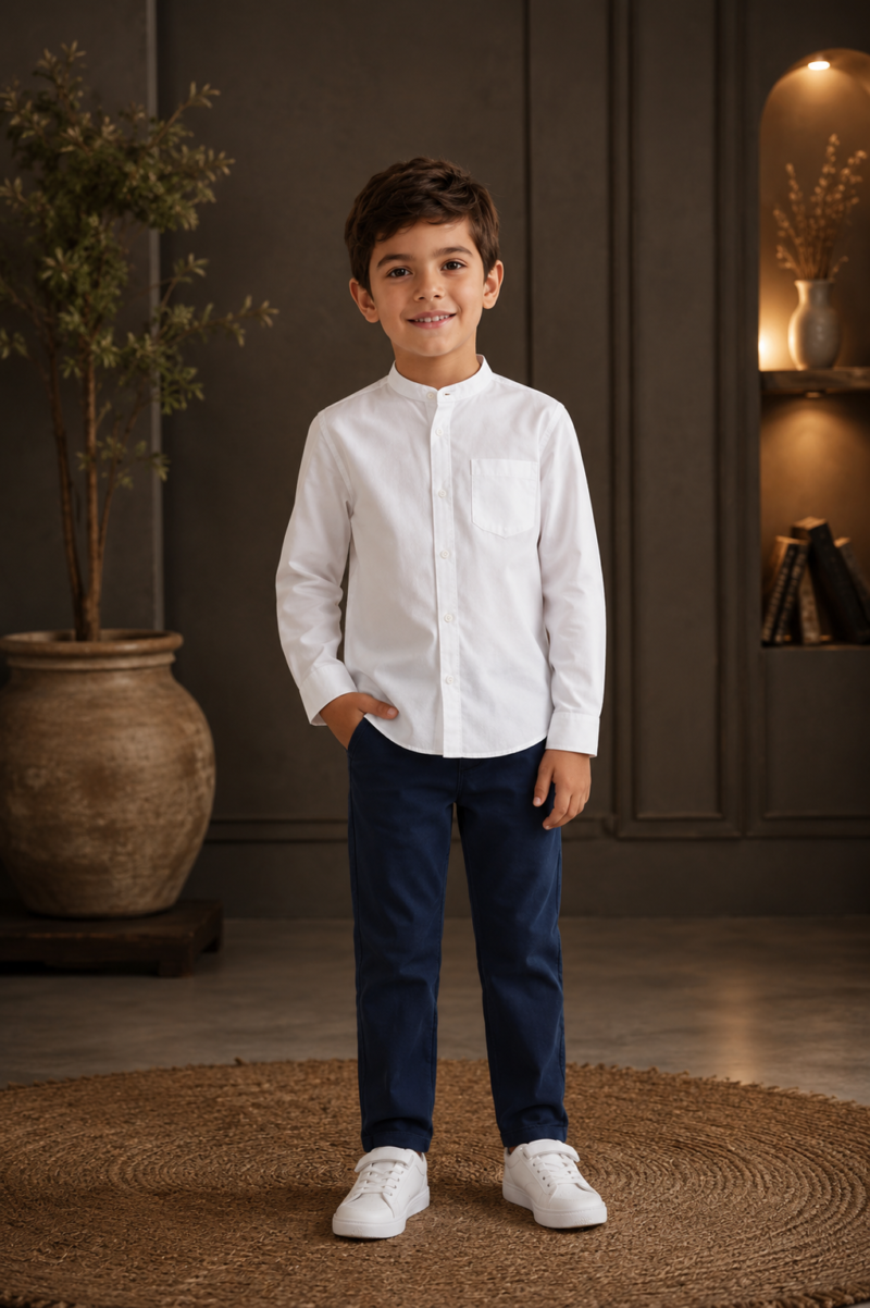 ChatGPT Image Jul 30, 2026, 09_00_59 AM Boys Smart Casual White Button-Down Shirt and Blue Trousers Set