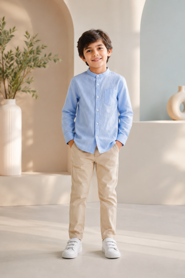 ChatGPT Image Jul 30, 2026, 09_02_25 AM Boys Smart Casual Light Blue Mandarin Collar Shirt and Khaki Pants Set