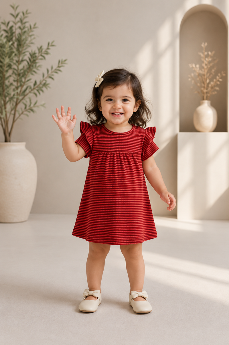 Baby Girls Cute Maroon Ruffled Ribbed Summer Frock