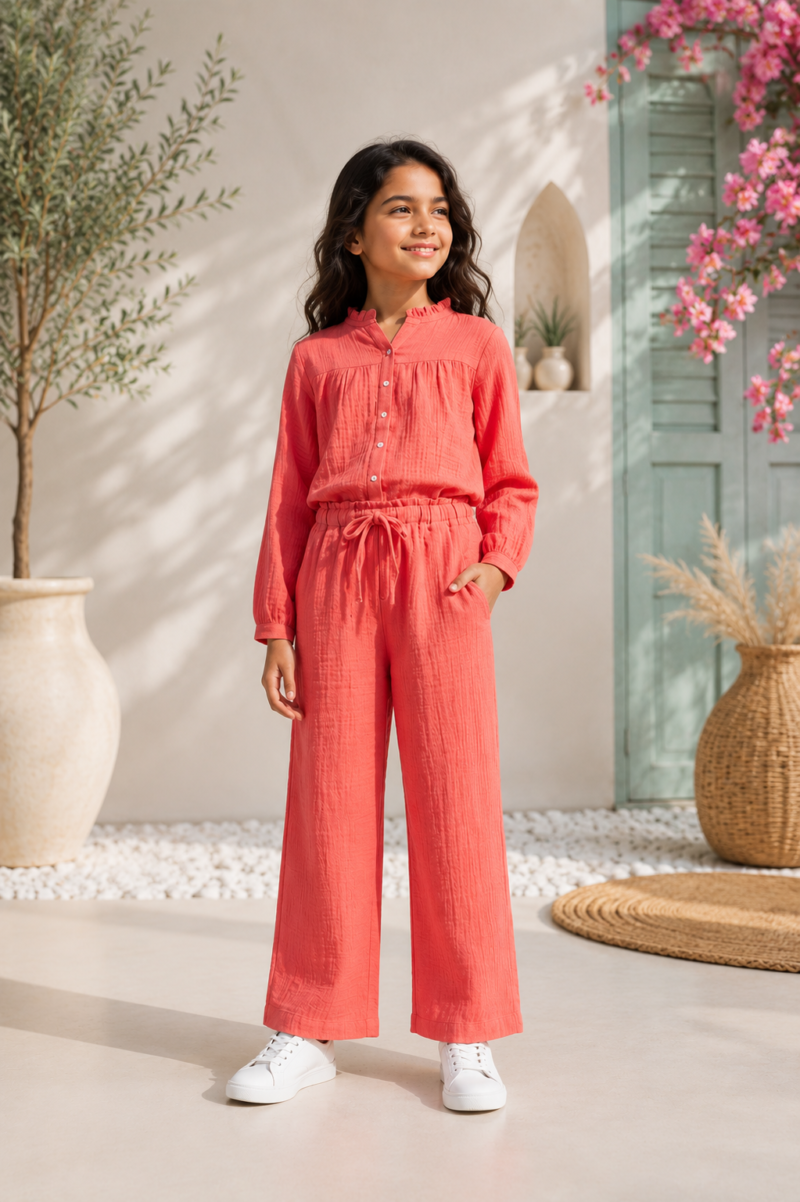 Girls Trendy Coral Pink Summer Co-ord Top and Pants Set
