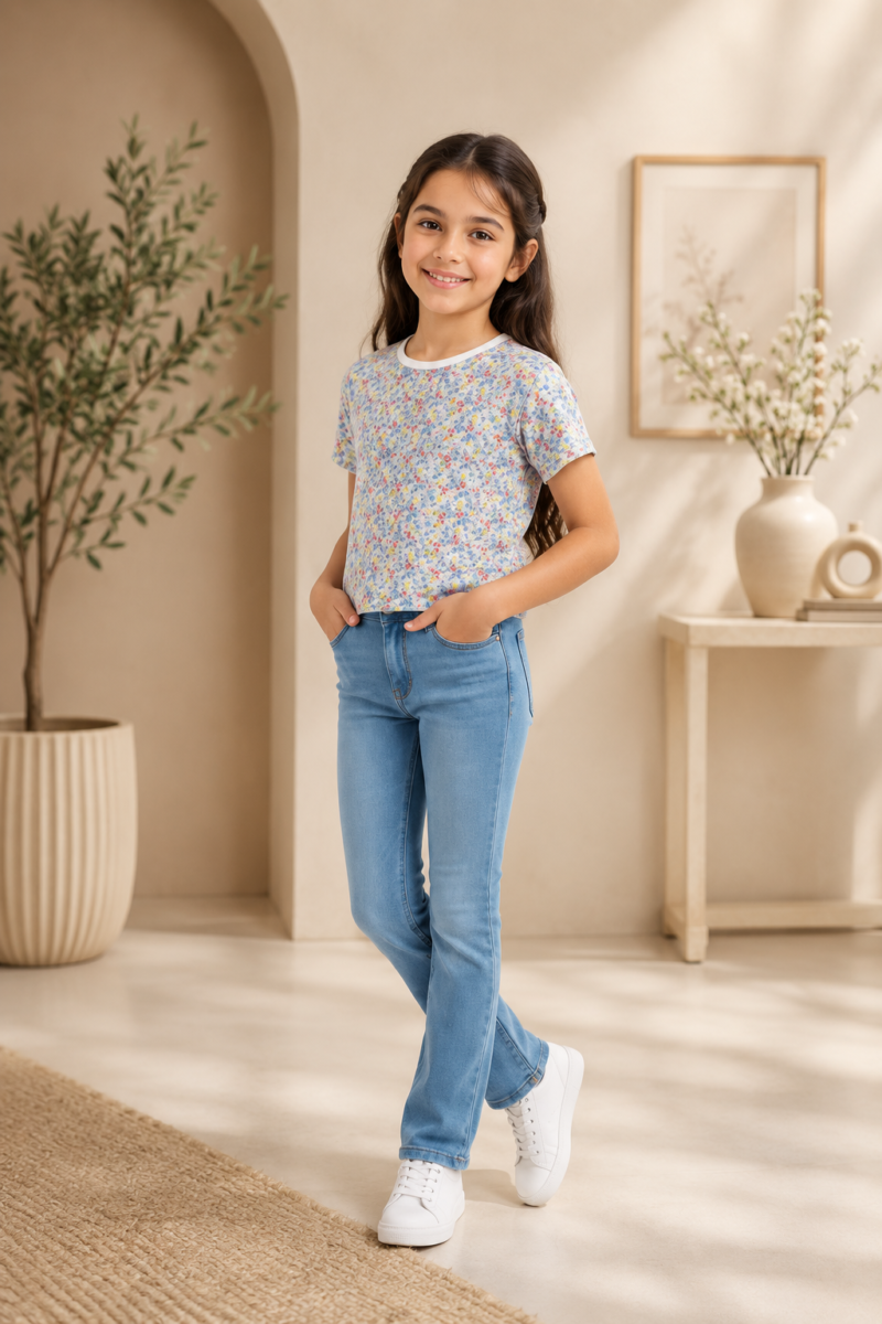 Girls Casual Grey Printed T-Shirt and Denim Jeans Set