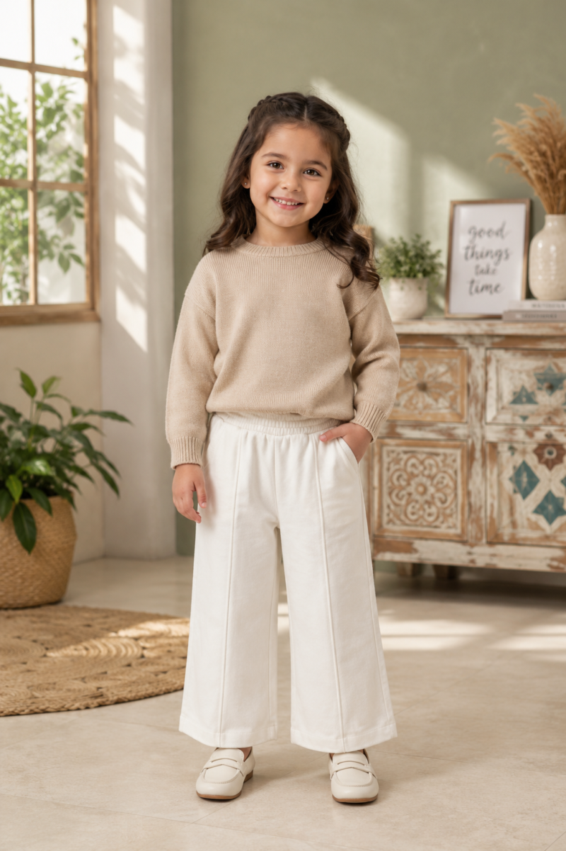 Girls Elegant Beige Knit Top and White Wide-Leg Pants Set